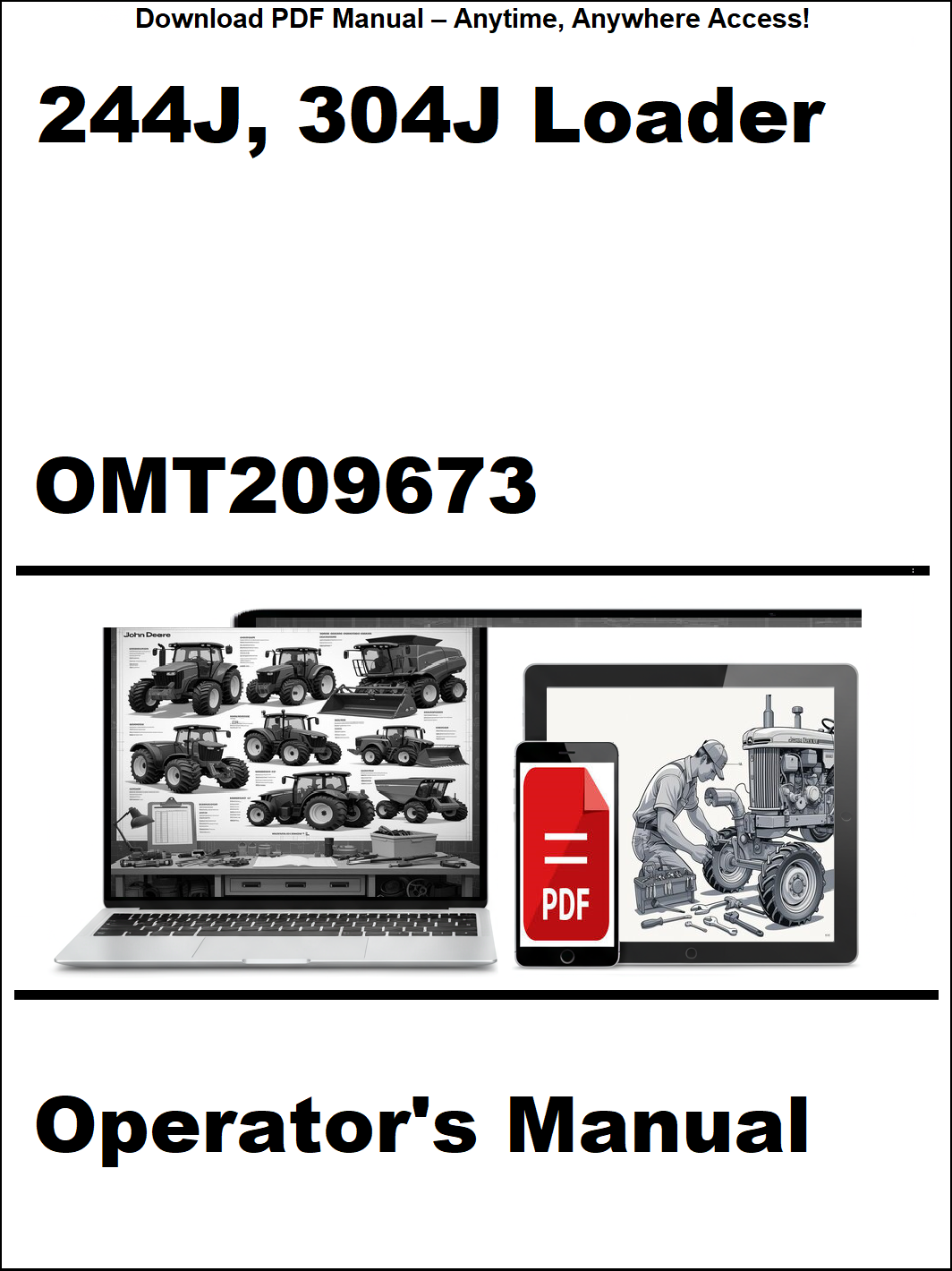 Operator's manual for 244J and 304J loaders with a laptop and smartphone icon on a white background.