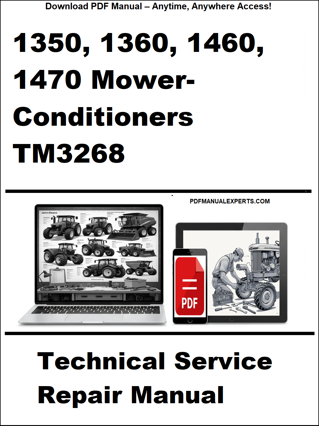 Technical service repair manual for John Deere mower conditioners with laptop and toolbox graphic on a white background.