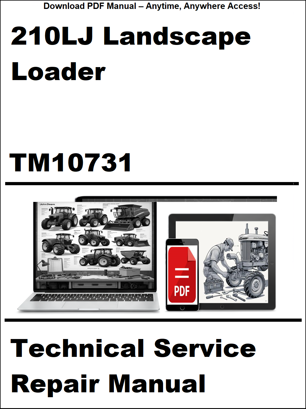 Technical service repair manual for 210LJ Landscape Loader with laptop and toolbox graphics on a white background.