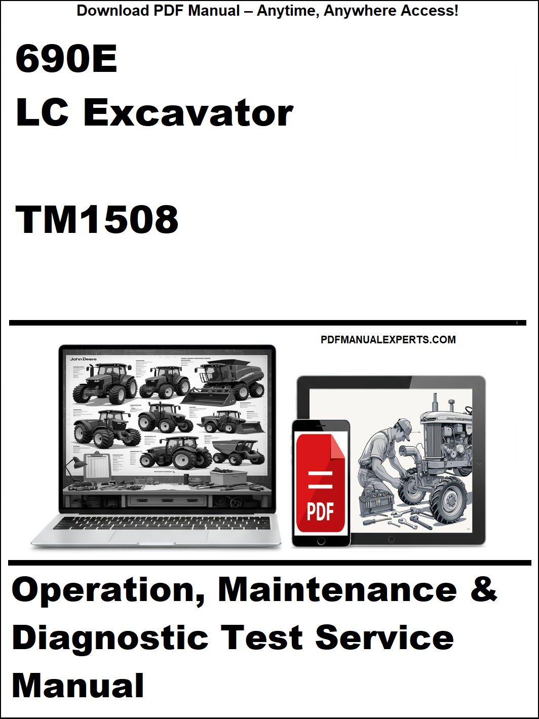 Manual cover for 690E LC Excavator TM1508 with laptop and diagnostic tool images.