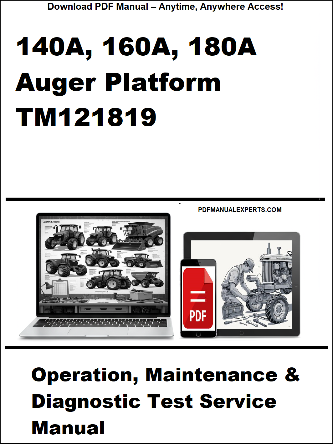 Manual cover for 140A, 160A, 180A Auger Platform TM121819 with laptop and toolbox graphic.