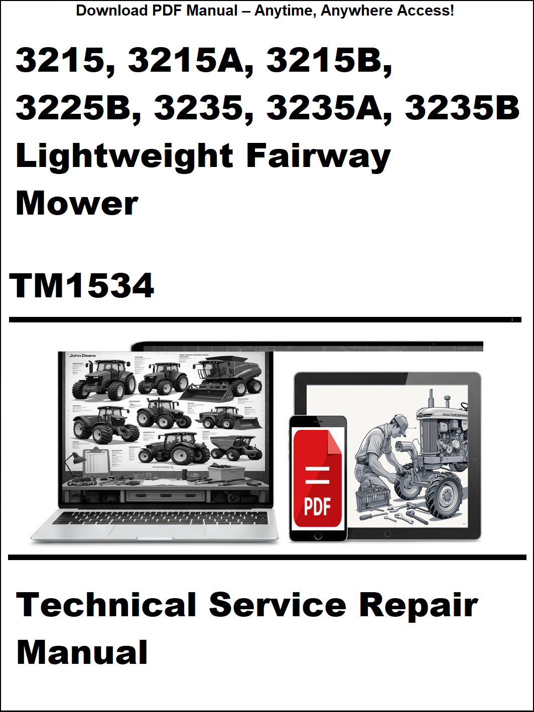 Technical service repair manual cover for a lightweight fairway mower with a laptop and smartphone icon.