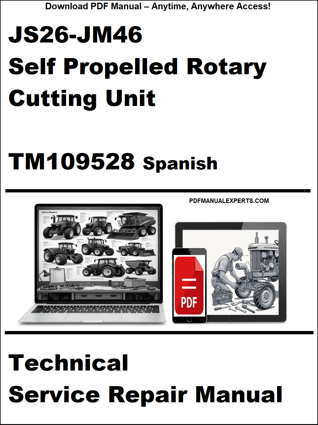 Technical service repair manual for a self-propelled rotary cutting unit in Spanish, featuring a laptop and smartphone with icons.