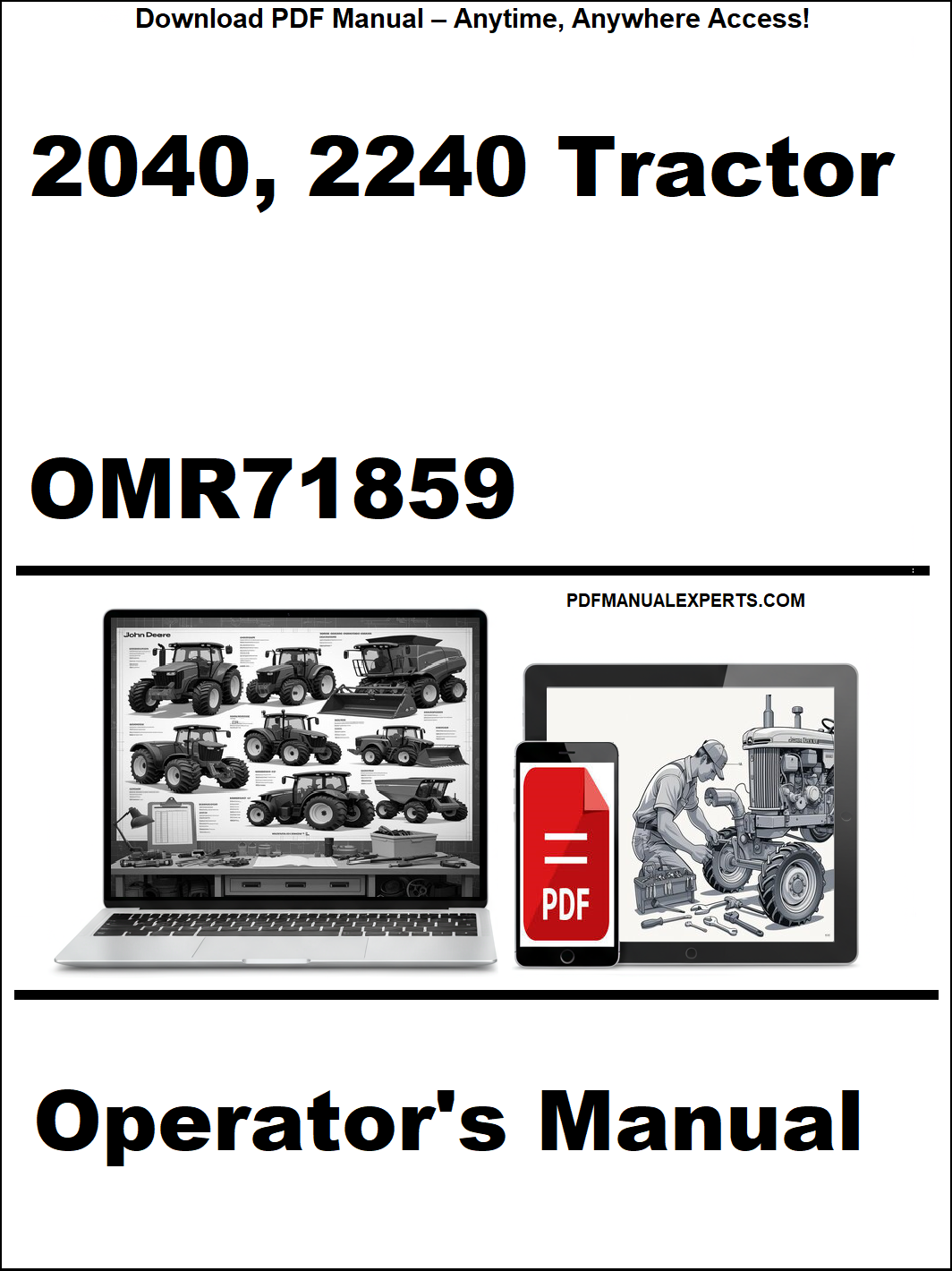 Operator's manual for 2040 and 2240 tractor with PDF icon and laptop illustration on a white background.