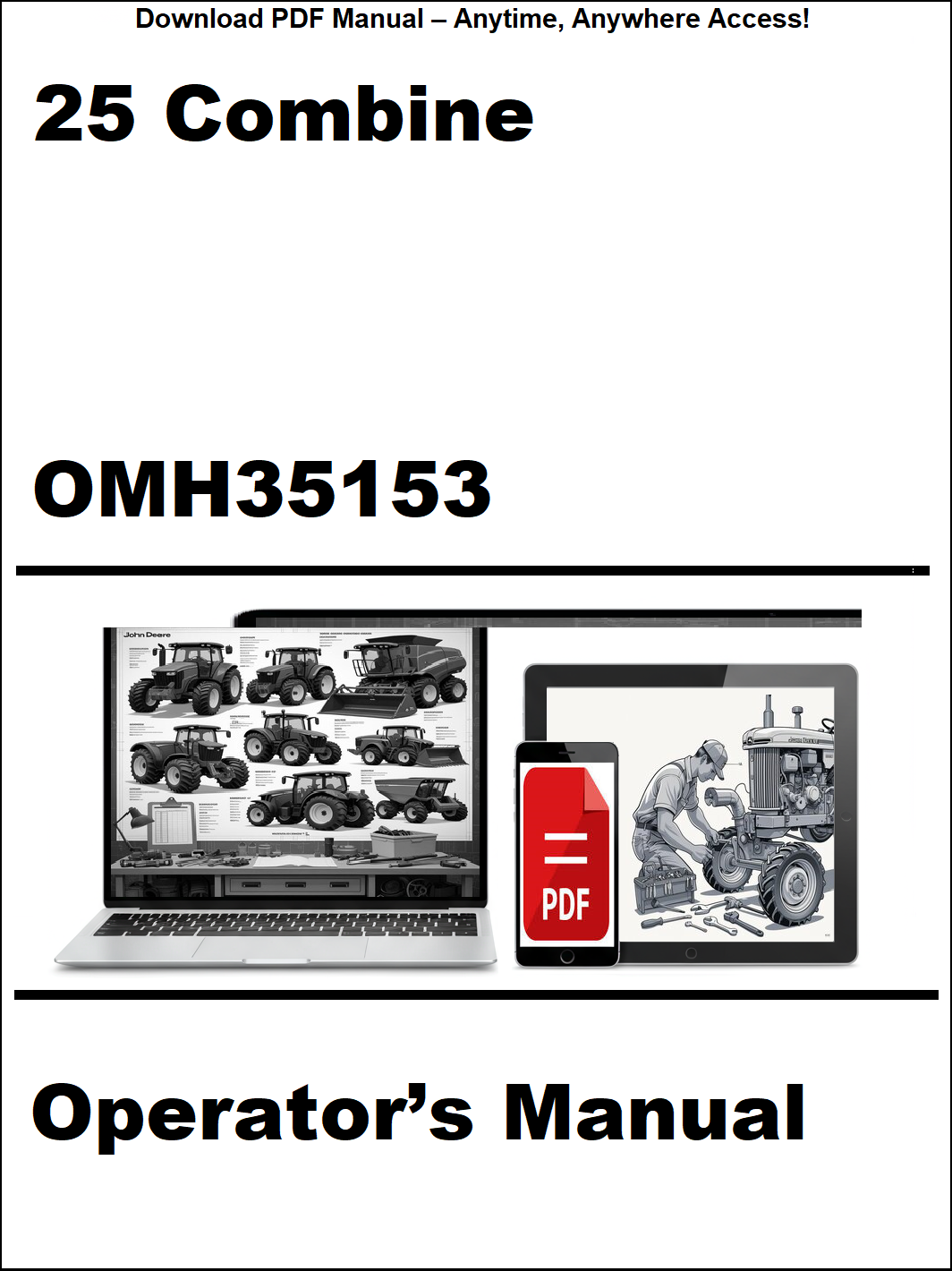 Operator's manual for a combine harvester with a laptop and smartphone icon on a white background.
