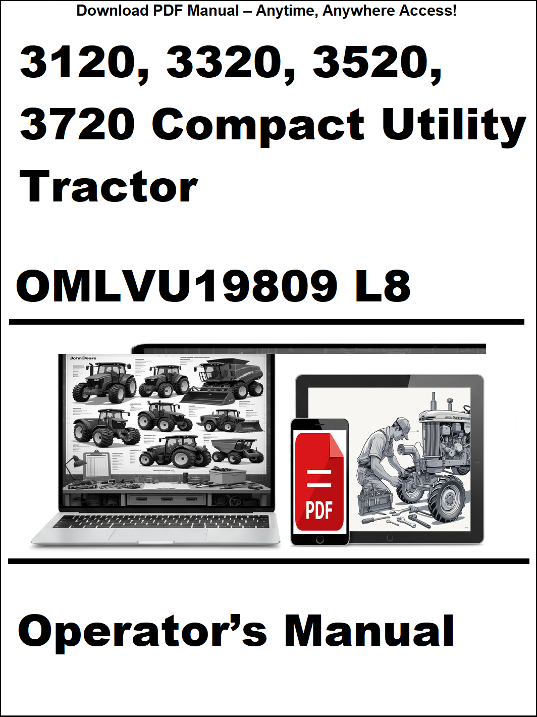 Operator's manual for 3120, 3320, 3520, 3720 Compact Utility Tractor with digital download icon.