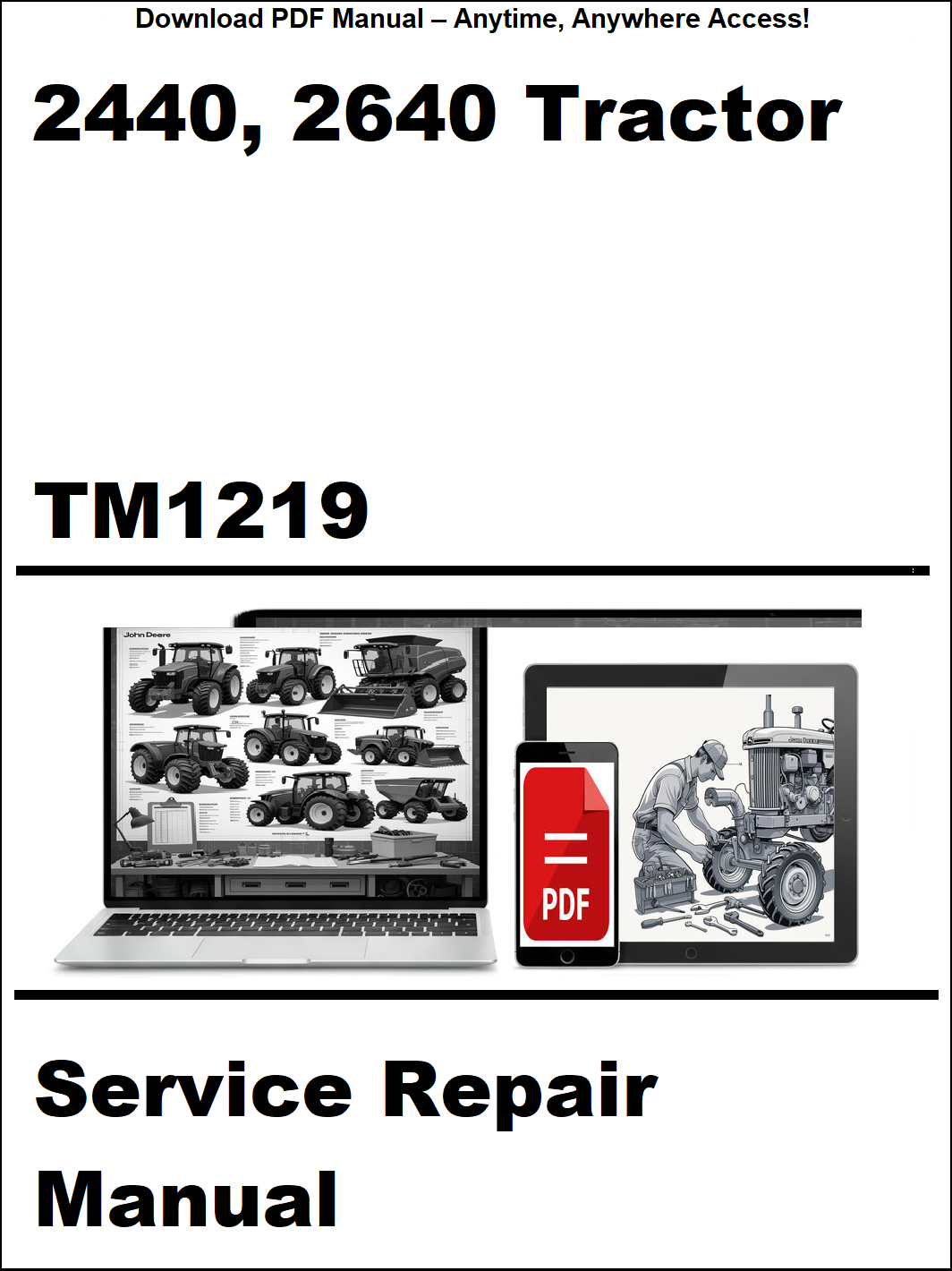 Service repair manual for 2440 and 2640 tractor with laptop and tablet icons on a white background.