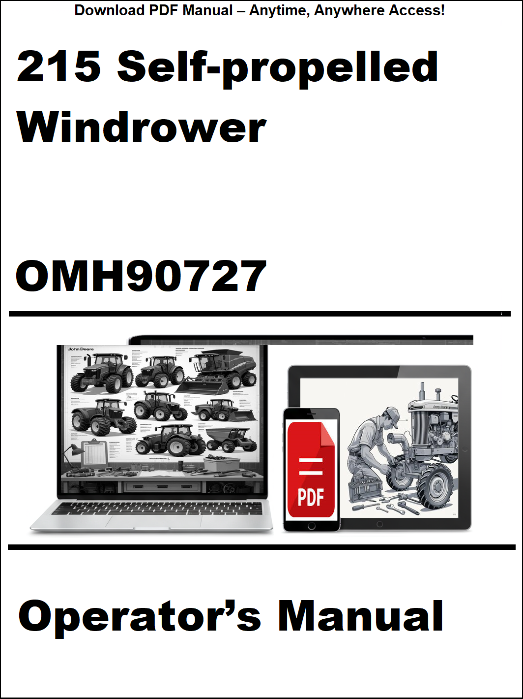 Operator's manual for a 215 Self-propelled Windrower with digital download icon on a white background.