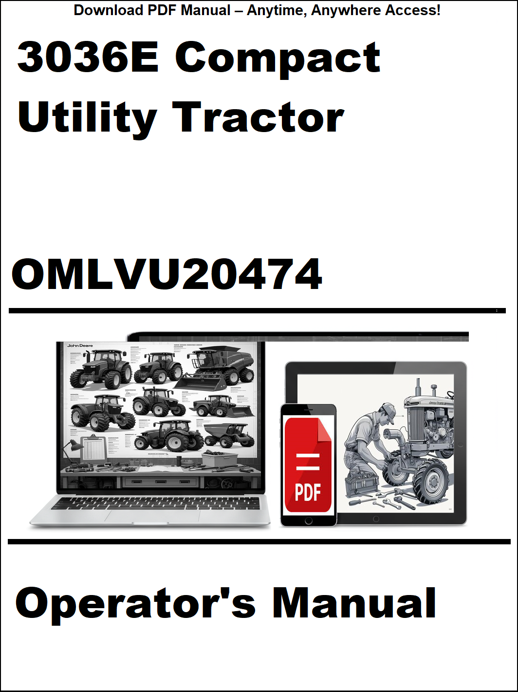 Operator's manual for 3036E Compact Utility Tractor with digital device icon on a white background