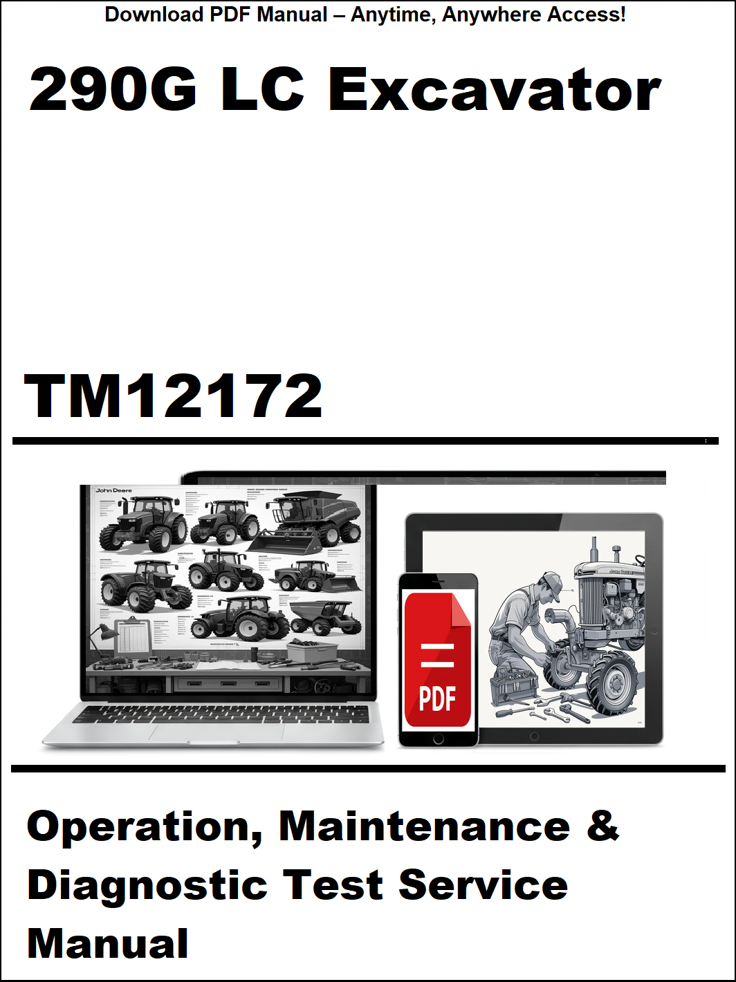 Cover of a manual for a 290G LC excavator with a laptop and toolbox graphic.