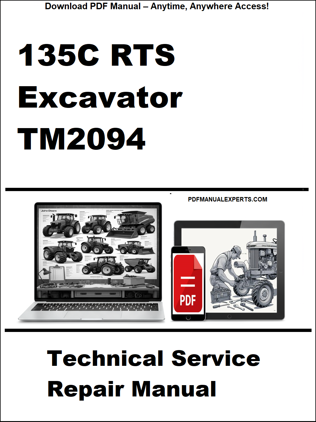 Advertisement for a technical service repair manual for a 135C RTS Excavator TM2094 on a white background.