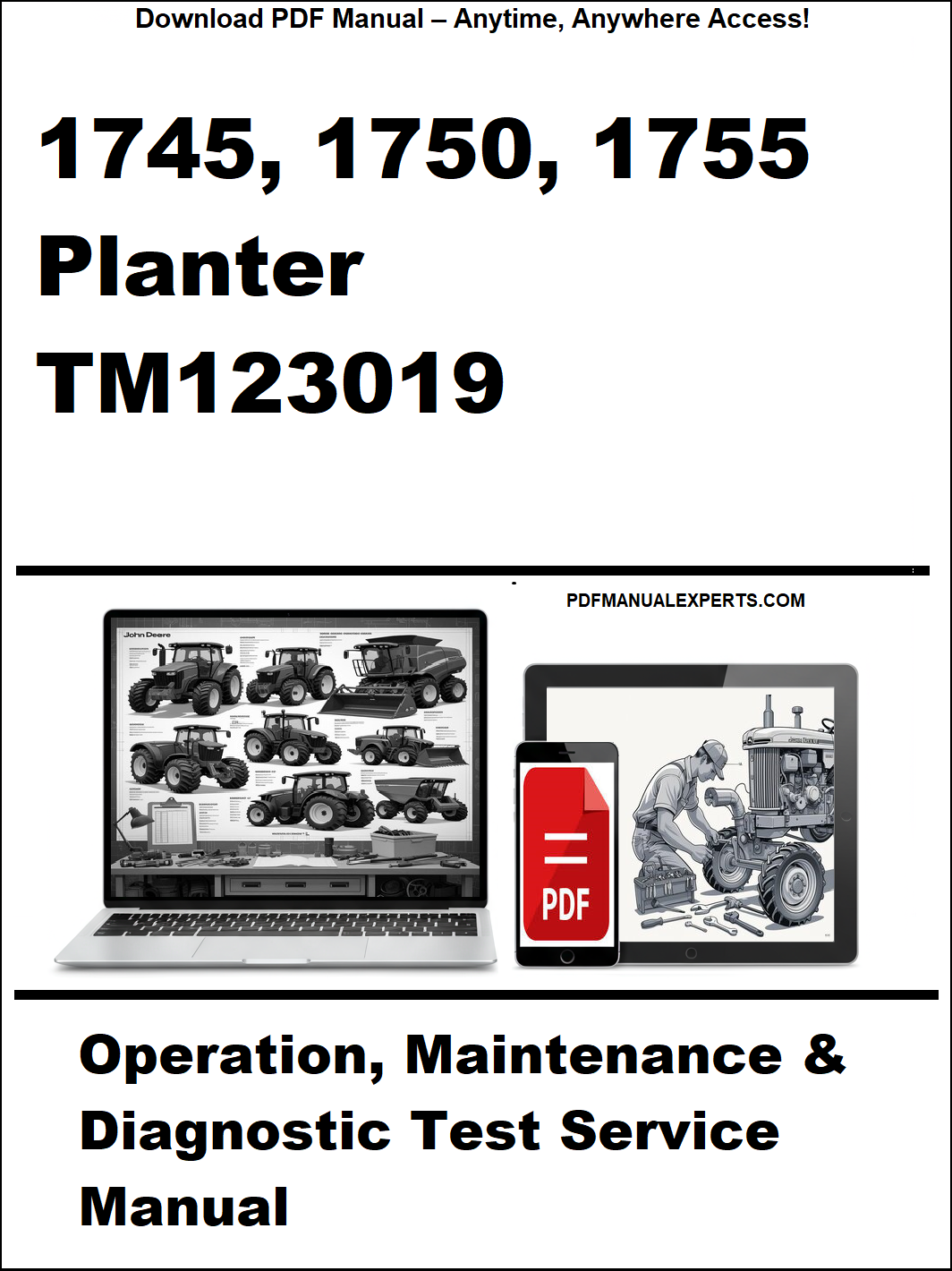 Cover of a manual for 1745, 1750, 1755 Planter TM123019 with a laptop and toolbox graphic.