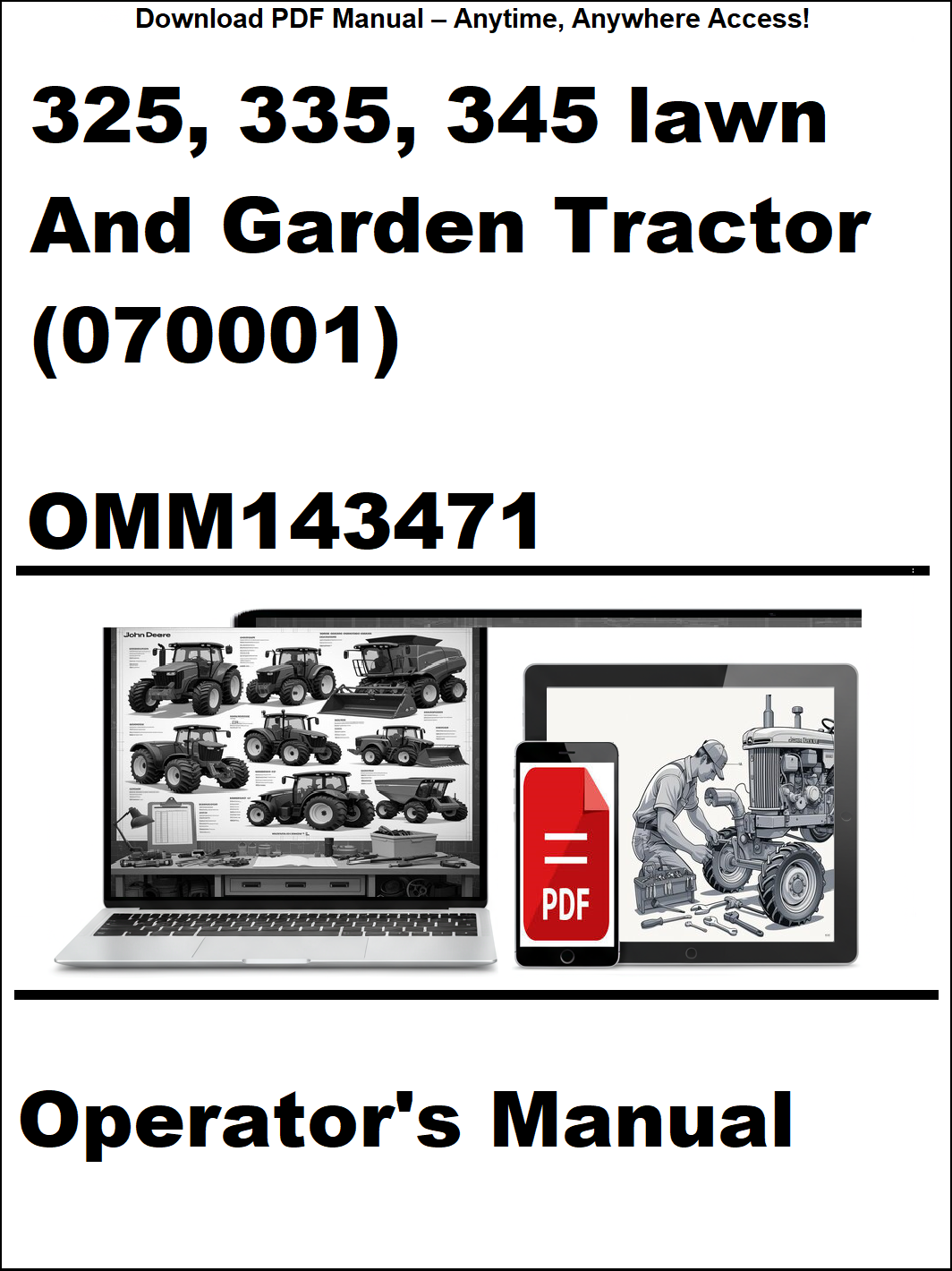 Cover of an operator's manual for a lawn and garden tractor with a laptop and tractor illustration.