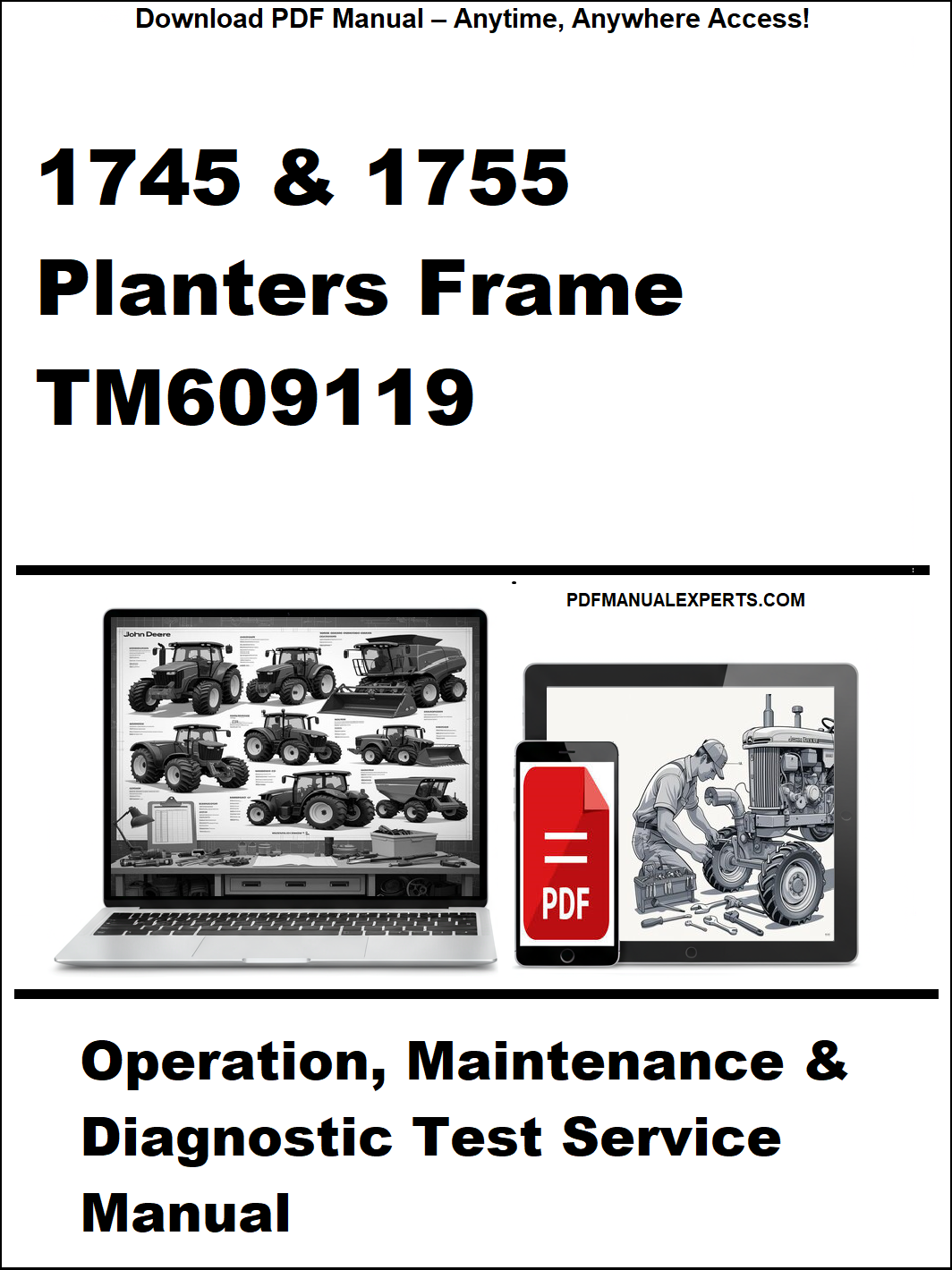 Manual cover for 1745 & 1755 Planters Frame TM609119 with laptop and toolbox graphics.
