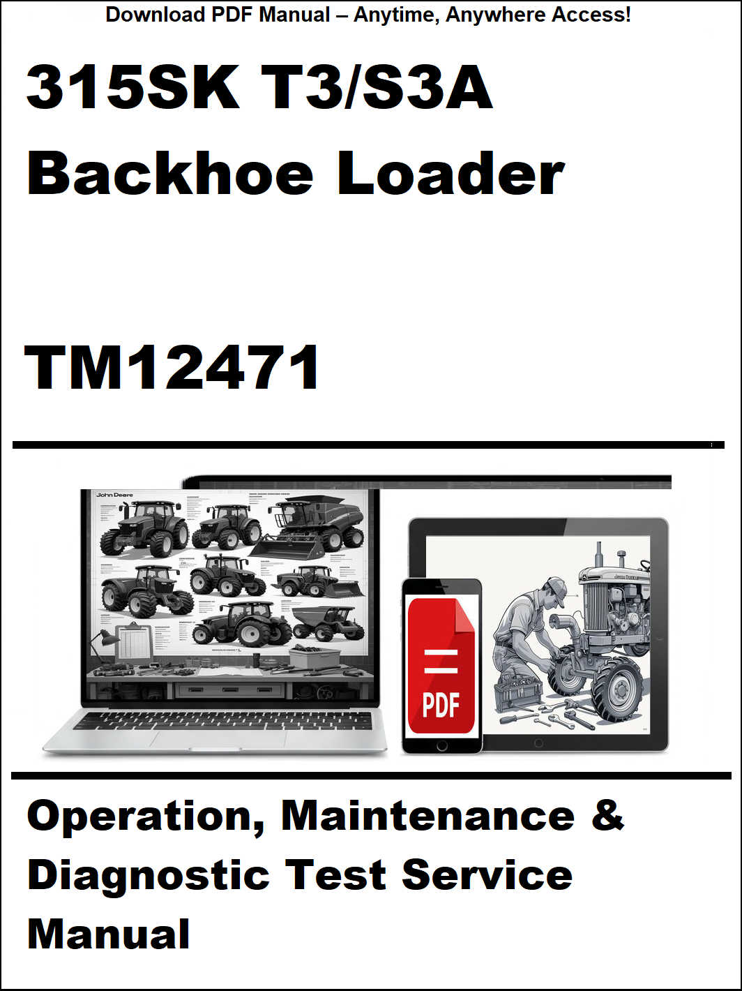 Manual cover for 315SK T3/S3A Backhoe Loader TM12471 with laptop and tractor illustration.