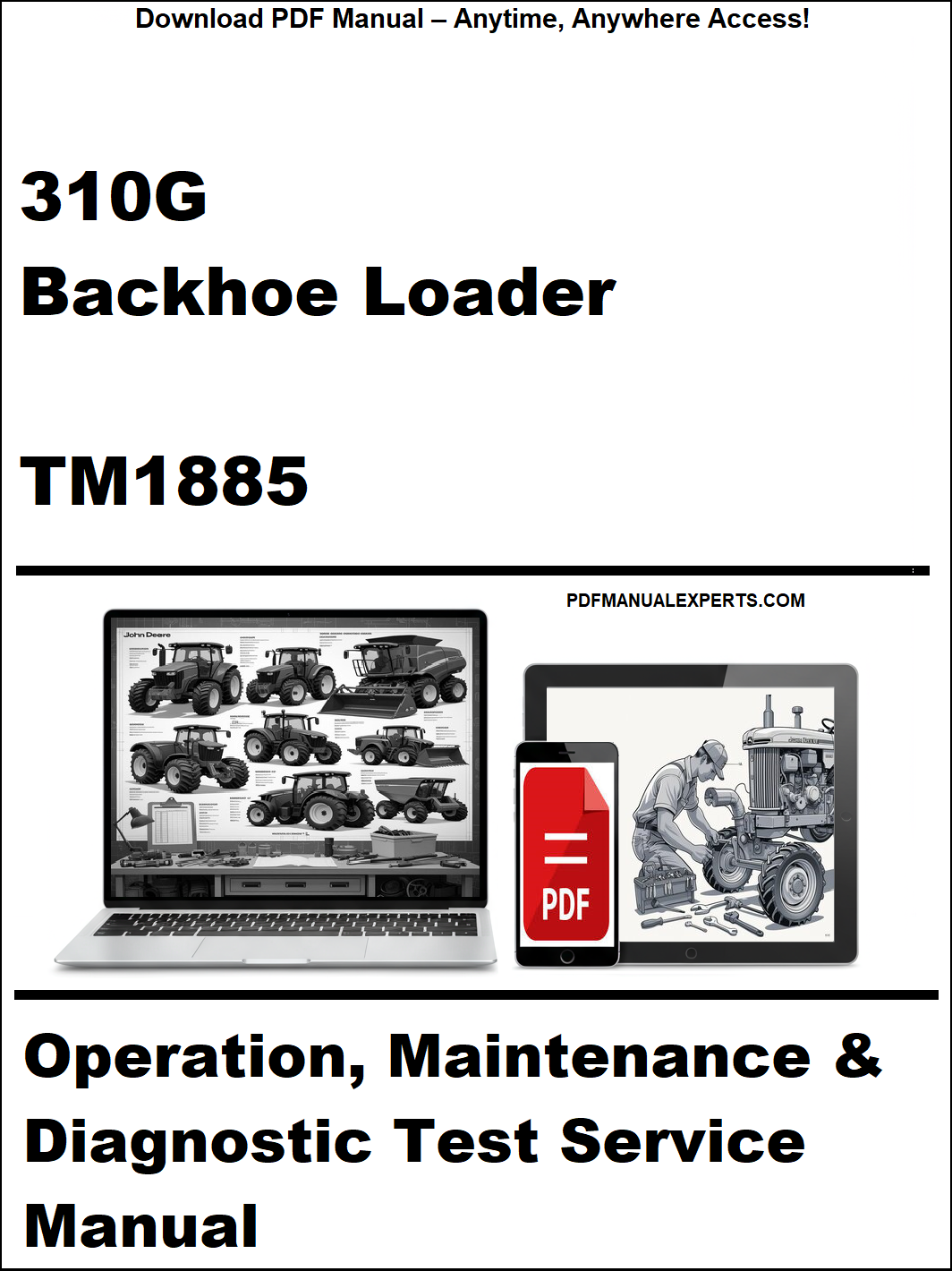 Manual cover for 310G Backhoe Loader TM1885 with laptop and toolbox graphics.