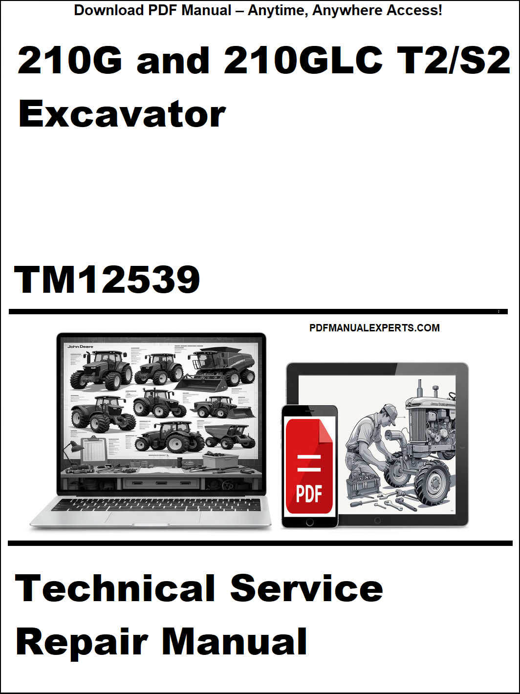 Cover of a technical service repair manual for 210G and 210GLC T2/S2 excavators with a laptop and smartphone icon.
