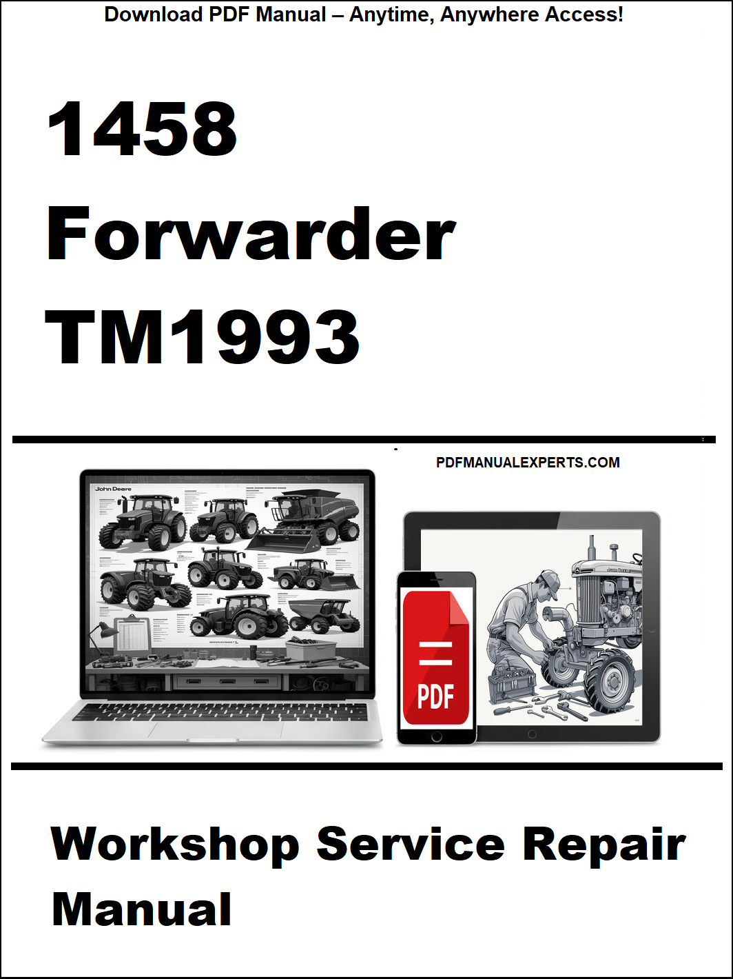 Cover of a workshop service repair manual for a Forwarder TM1993, featuring images of a laptop and smartphone with technical content.