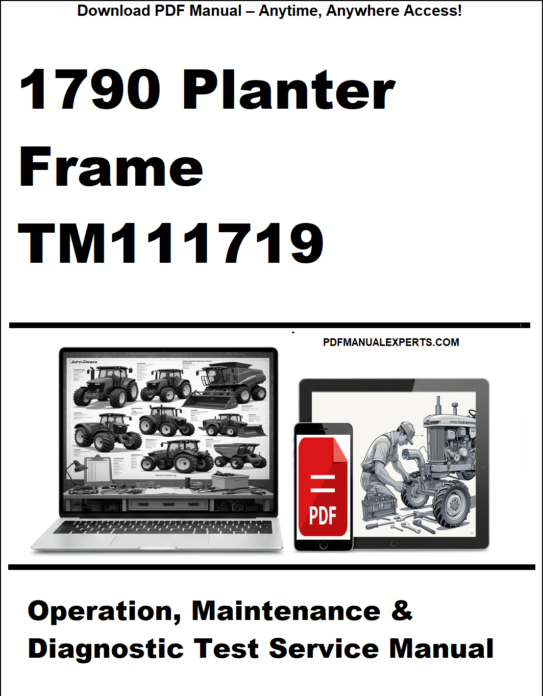 Manual cover for 1790 Planter Frame TM111719 with laptop and tractor illustration.