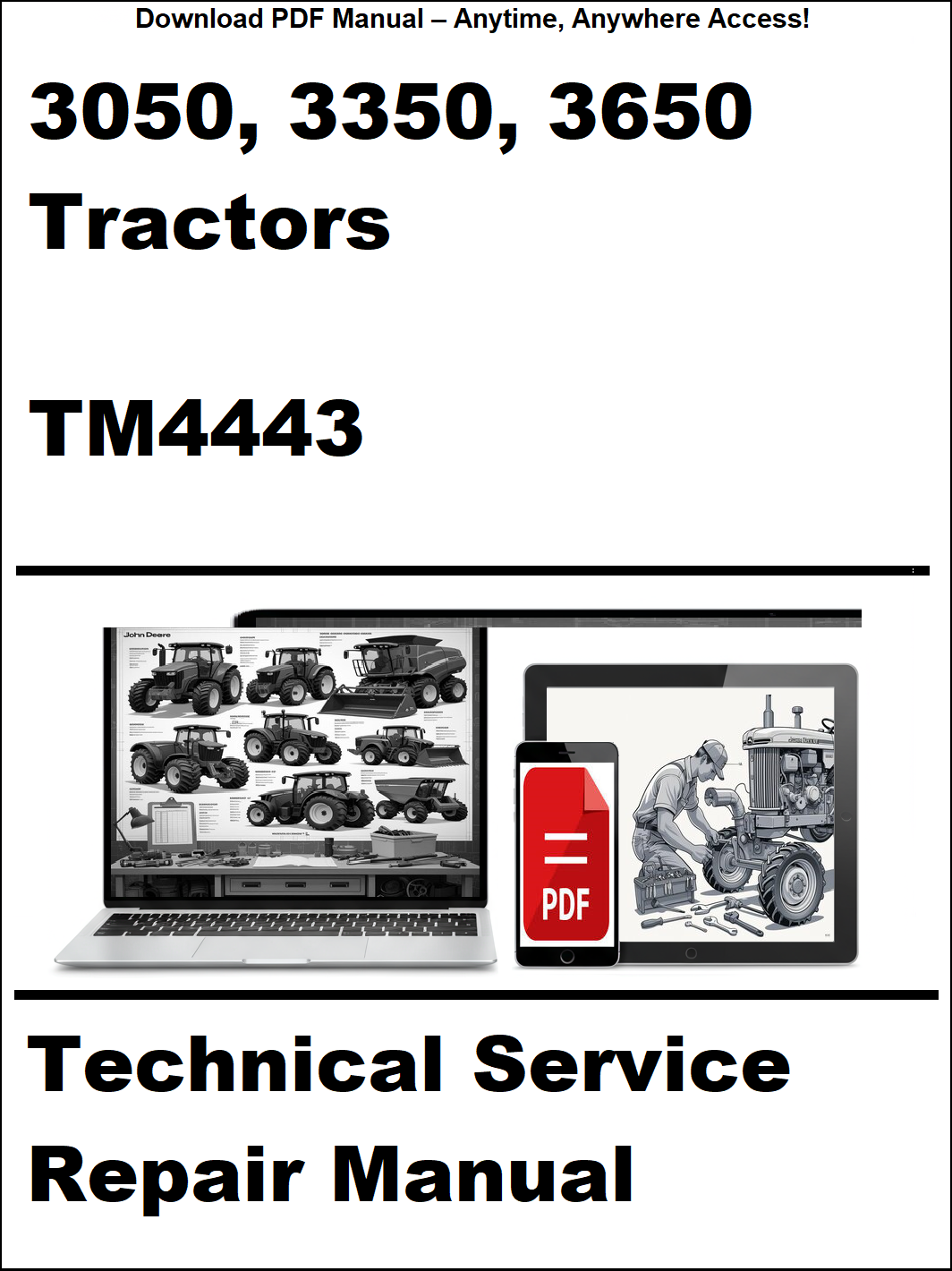 Technical service repair manual for 3050, 3350, 3650 tractors with a laptop and toolbox graphic on a white background.