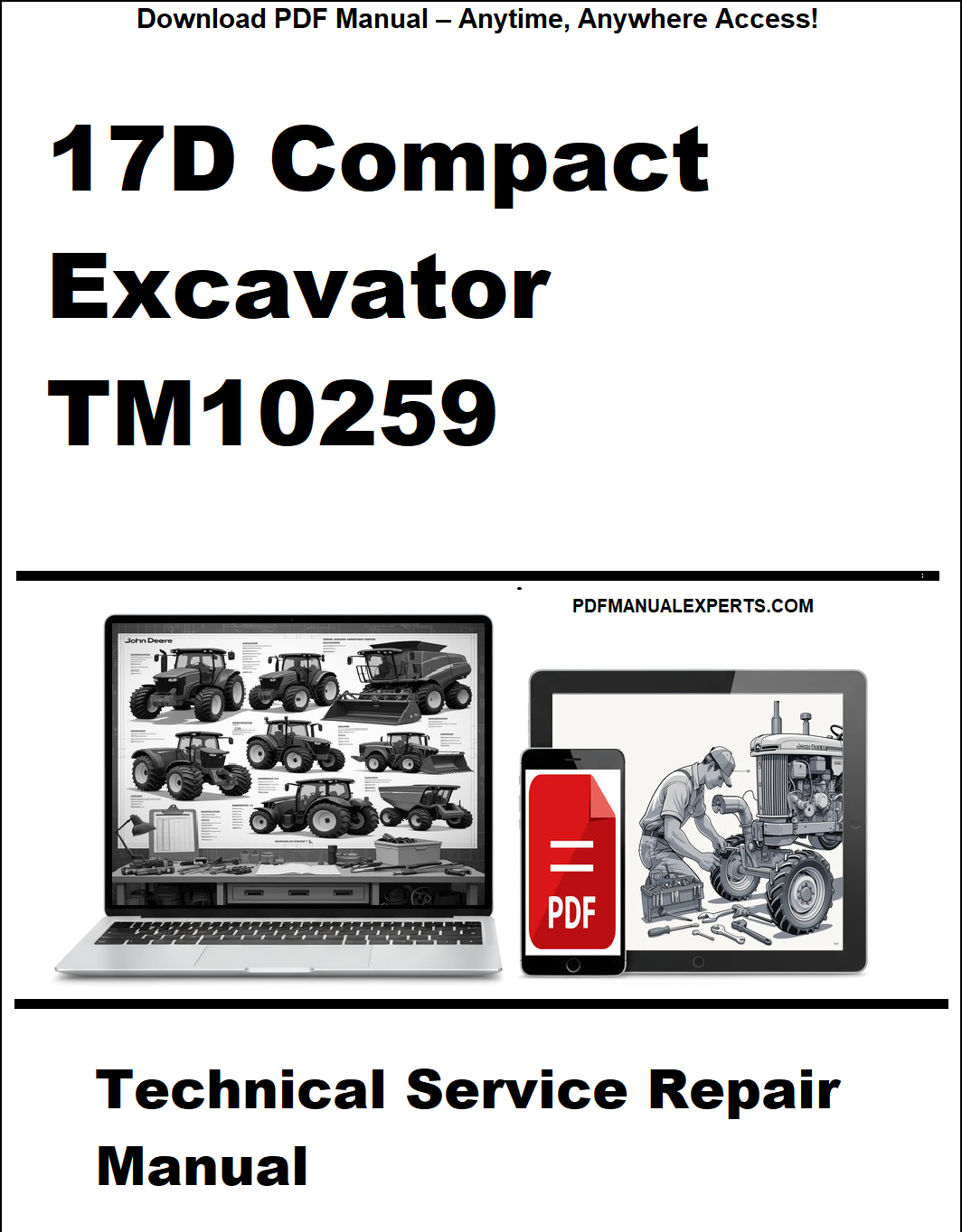 Cover of a technical service repair manual for a 17D Compact Excavator TM10259, featuring images of a laptop and tablet with PDF icons.