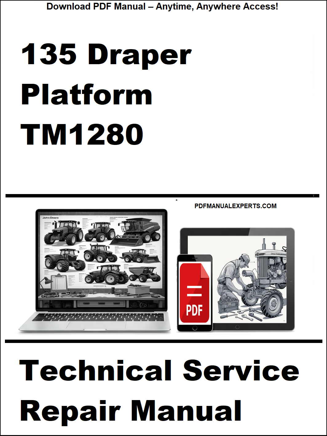 Cover of a technical service repair manual for a 135 Draper Platform TM1280, featuring images of a laptop and repair manual on a white background.