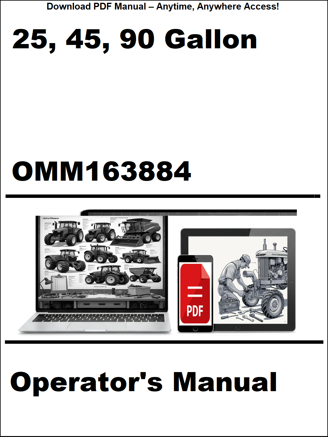 Operator's manual for 25, 45, 90 gallon with PDF icon and laptop illustration on a white background.