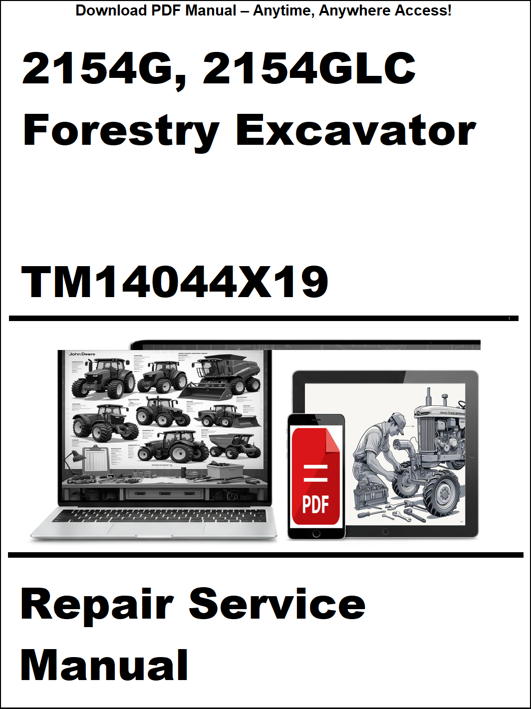 Cover of a repair service manual for 2154G and 2154GLC forestry excavators with a laptop and smartphone icon.