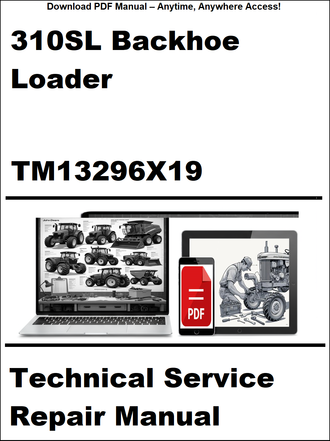 Technical service repair manual for 310SL Backhoe Loader with digital device and laptop illustration on a white background.