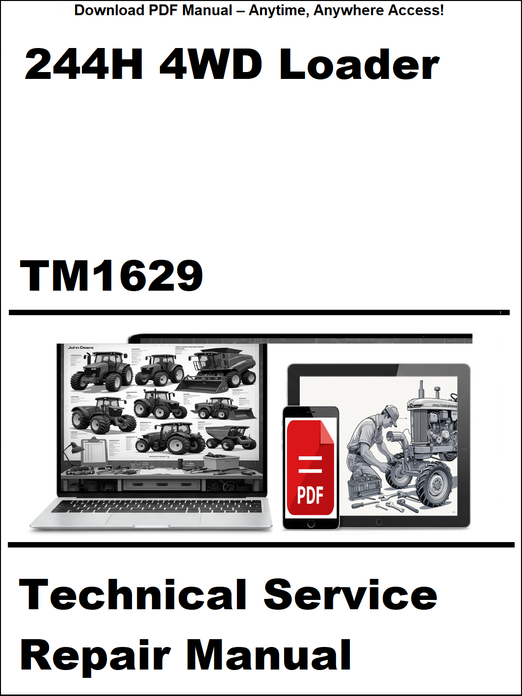 Technical service repair manual for 244H 4WD Loader with digital device and laptop illustration on a white background.