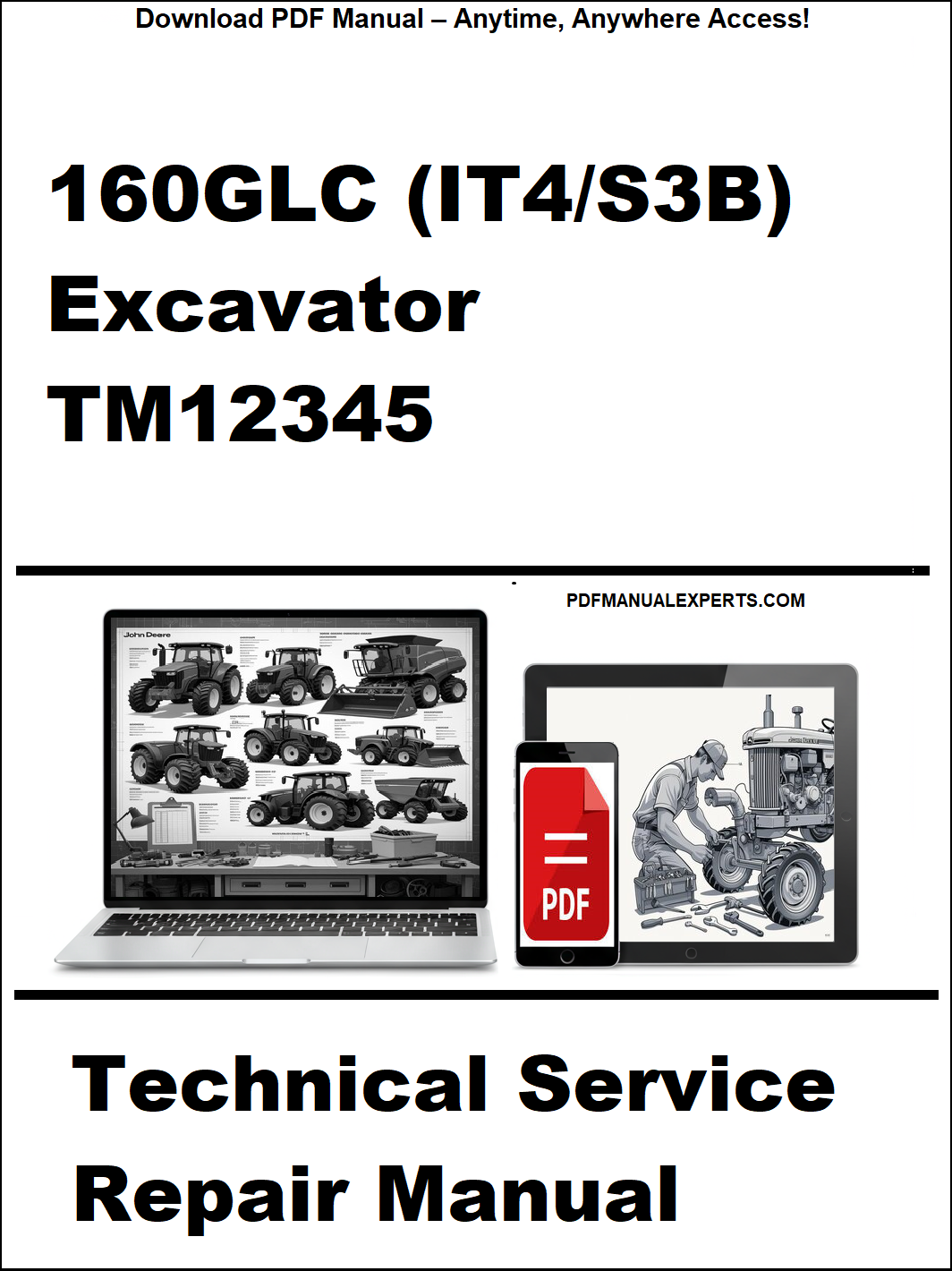 Technical service repair manual for 160GLC (IT4/S3B) excavator with a laptop and toolbox graphic on a white background.