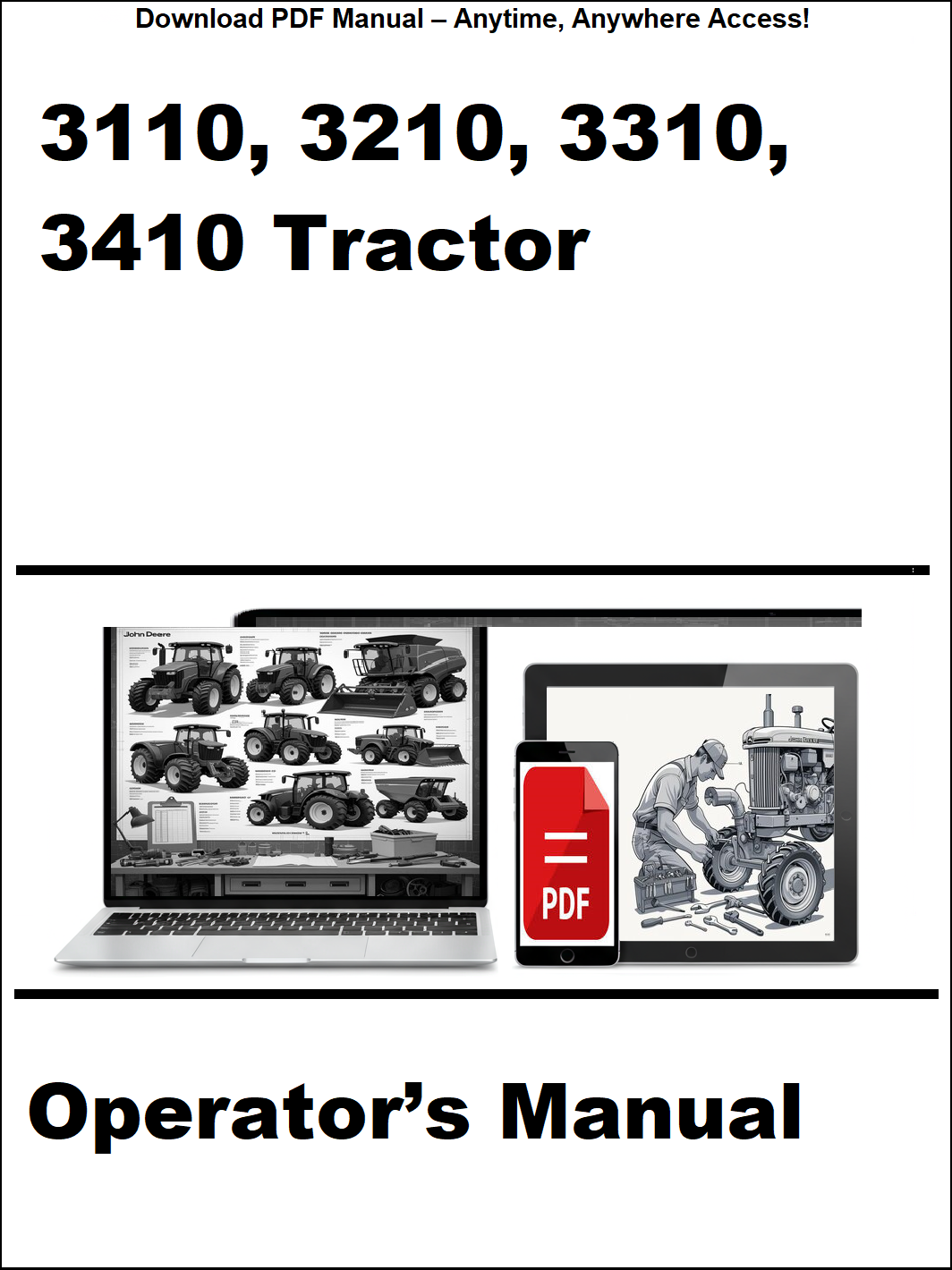 Operator's manual for 3110, 3210, 3310, 3410 tractor on a white background