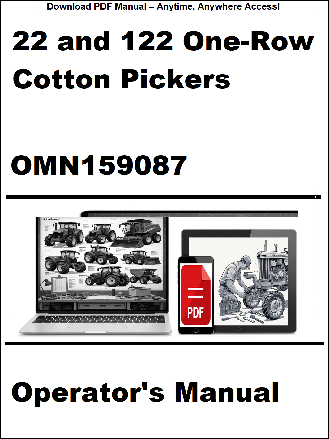 Operator's manual for 22 and 122 One-Row Cotton Pickers with PDF icon and tractor illustration.