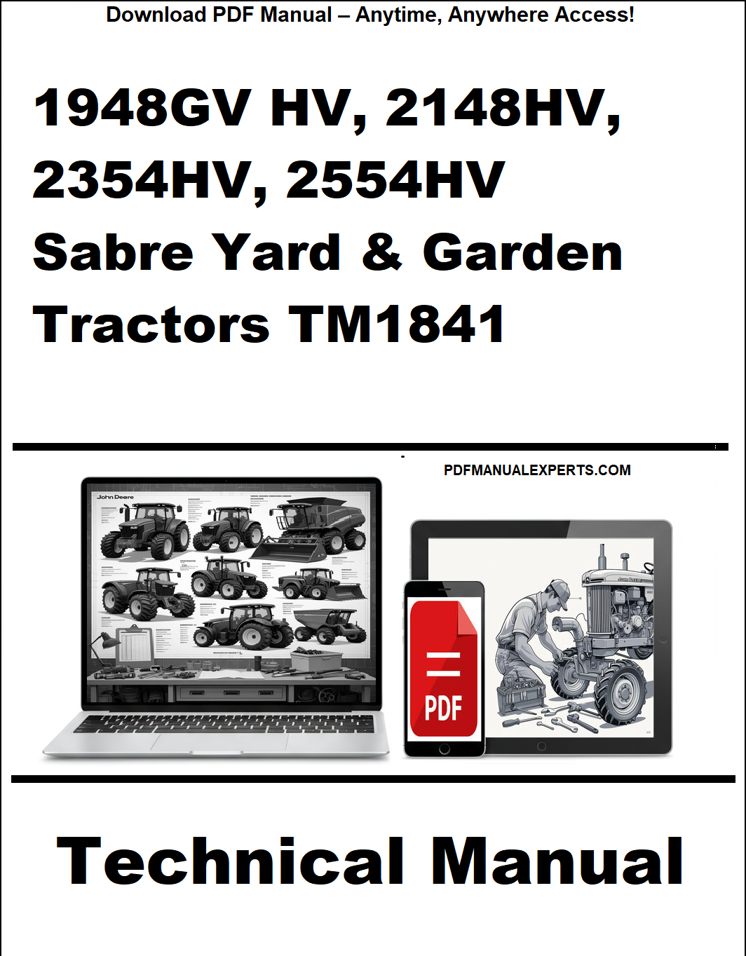 Technical manual cover for 1948GV HV, 2148HV, 2354HV, 2554HV Sabre Yard & Garden Tractors TM1841 on a white background.