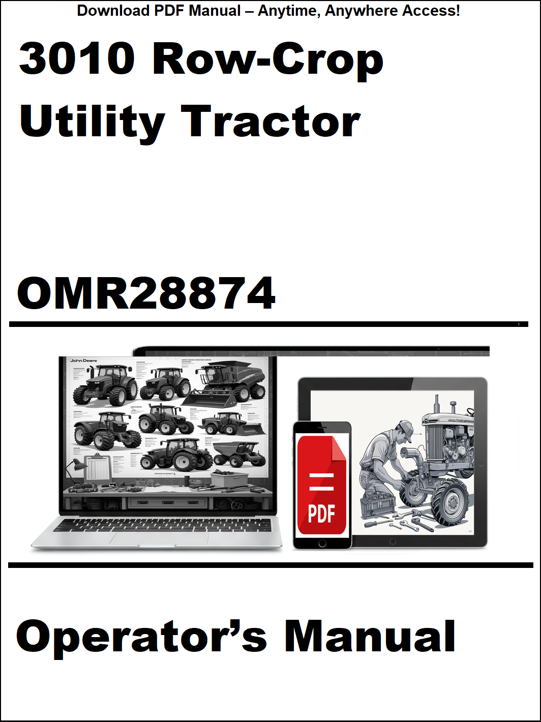 Operator's manual for a 3010 Row-Crop Utility Tractor with digital download icon on a white background.