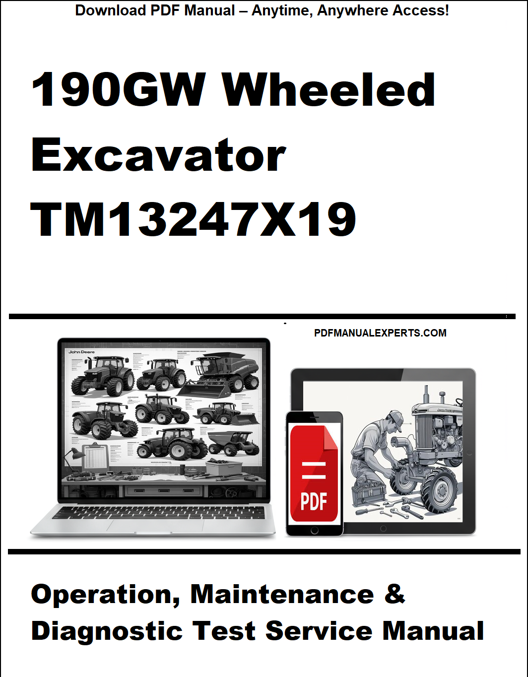 Cover of a manual for 190GW wheeled excavator with PDF icon and text about availability.