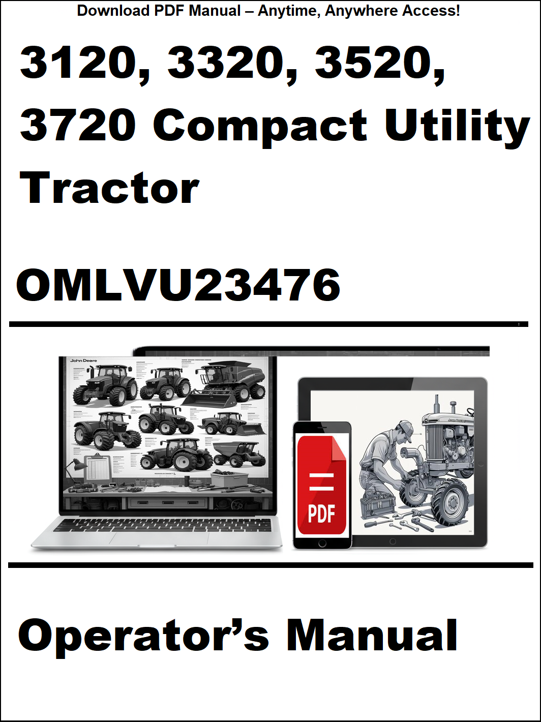 Operator's manual for 3120, 3320, 3520, 3720 Compact Utility Tractor with OMLVU23476 on a white background.