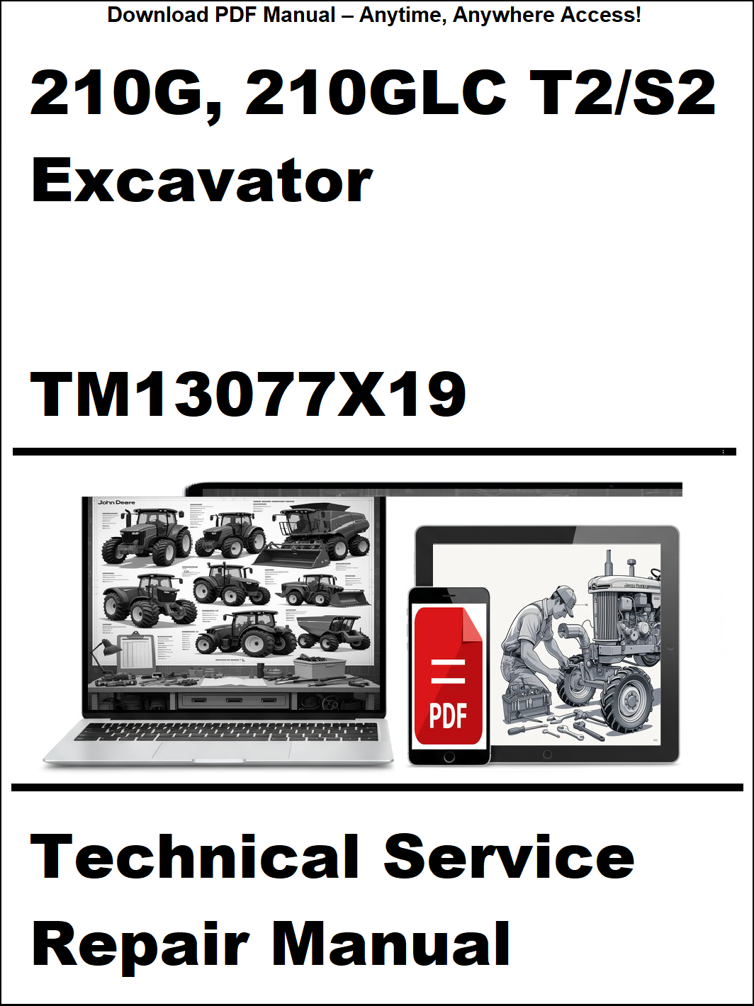 Technical service repair manual for John Deere 210G, 210GLC T2/S2 excavator with digital download icon.