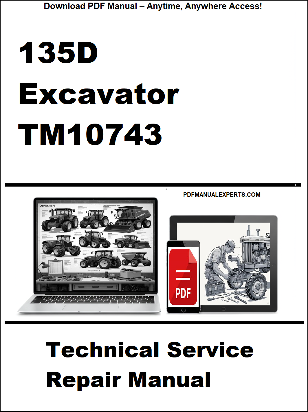 Technical service repair manual for 135D excavator with digital device and laptop illustration on a white background.