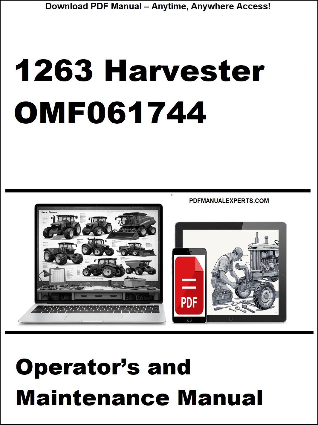 Advertisement for 1263 Harvester operator's and maintenance manual with a laptop and smartphone displaying the manual.
