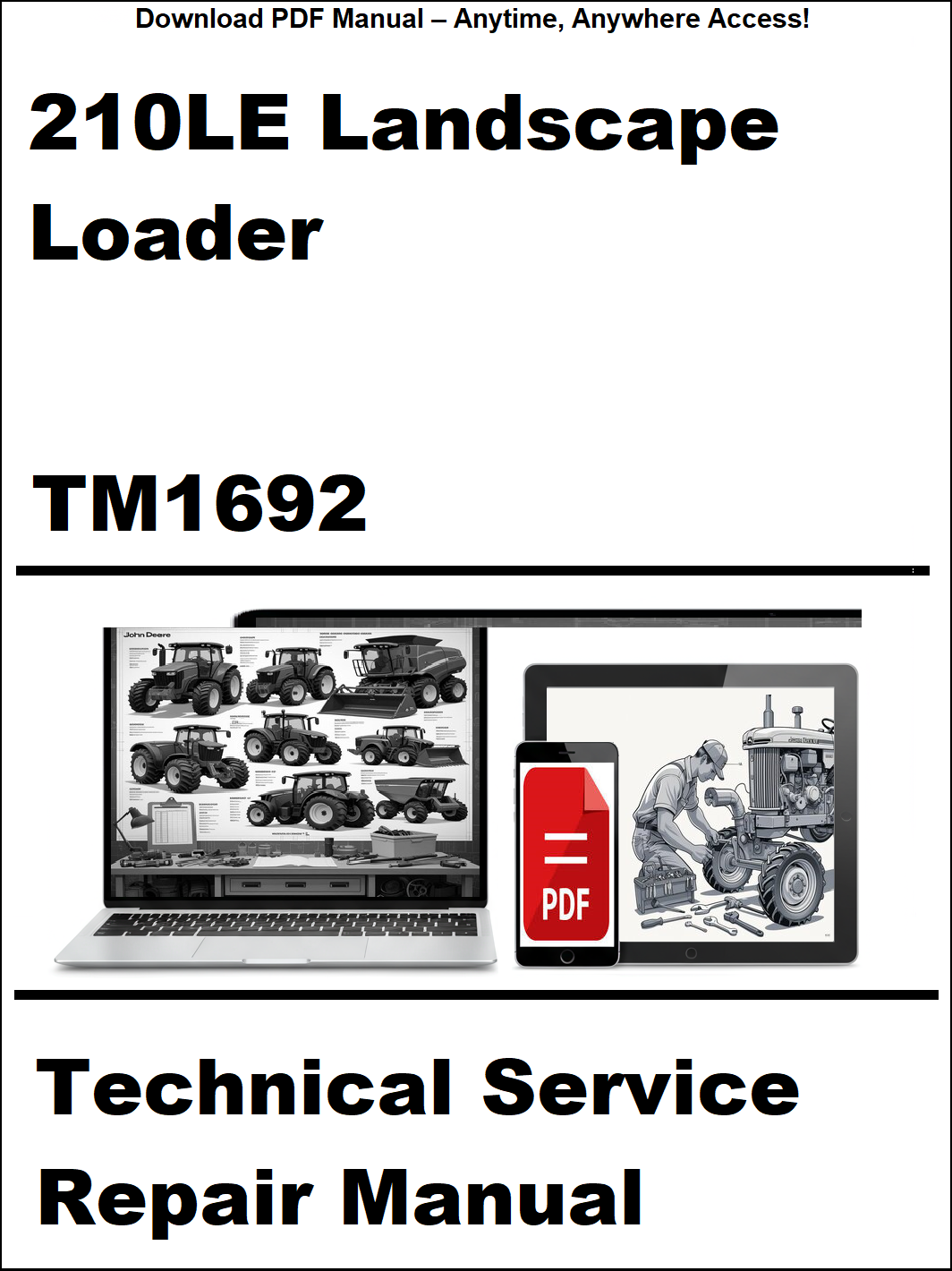 Technical service repair manual for 210LE Landscape Loader with a laptop and repair manual icon on a white background.