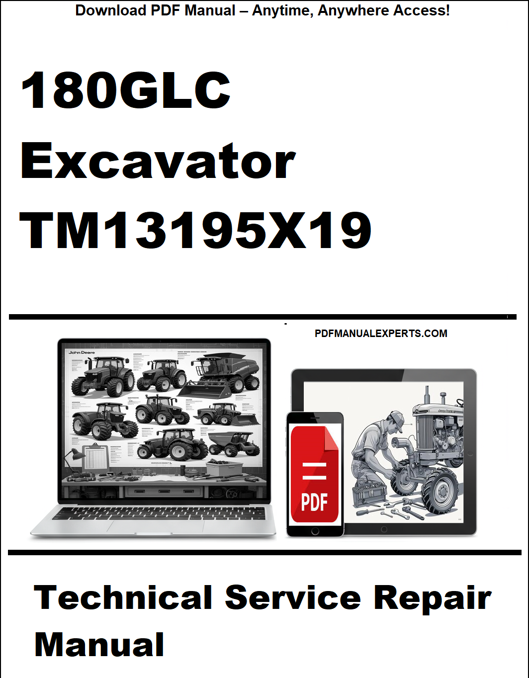 Cover of a technical service repair manual for 180GLC Excavator TM13195X19 with a laptop and tablet icon.