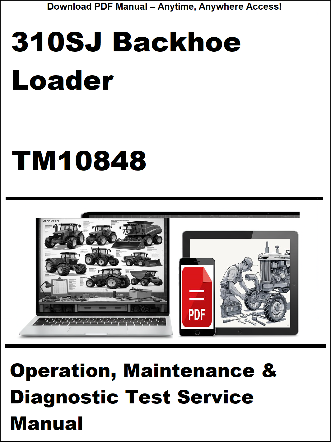Manual cover for 310SJ Backhoe Loader TM10848 with images of a computer and person working on machinery.