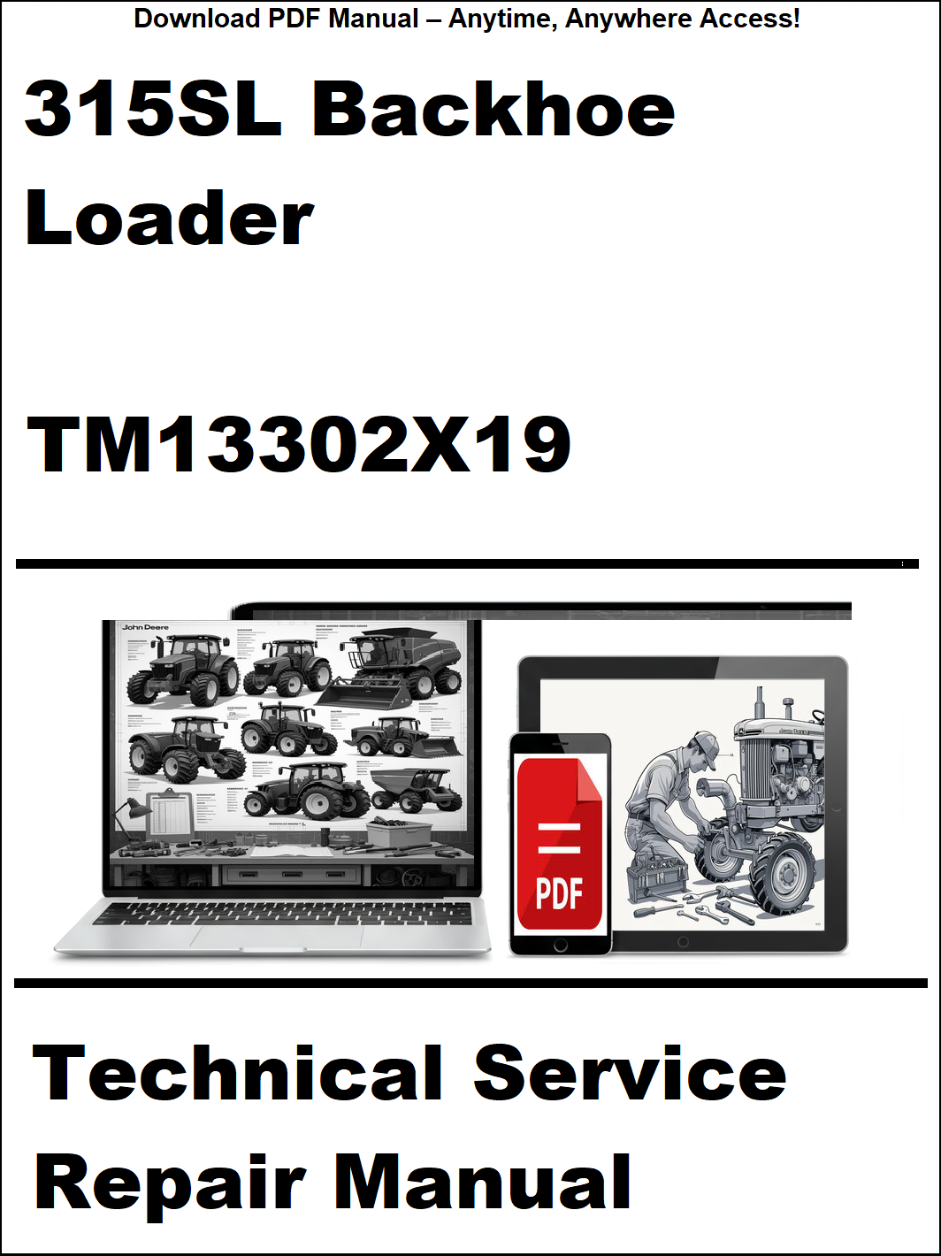Technical service repair manual for 315SL Backhoe Loader with digital device and laptop illustration on a white background.
