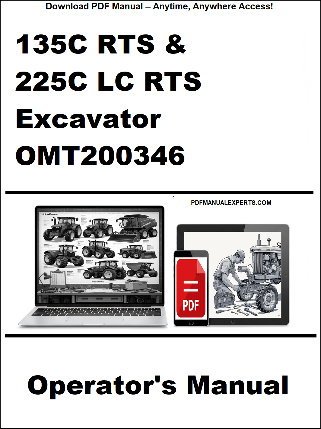 Operator's manual cover for 135C RTS & 225C LC RTS Excavator OMT200346 with a laptop and toolbox graphic.