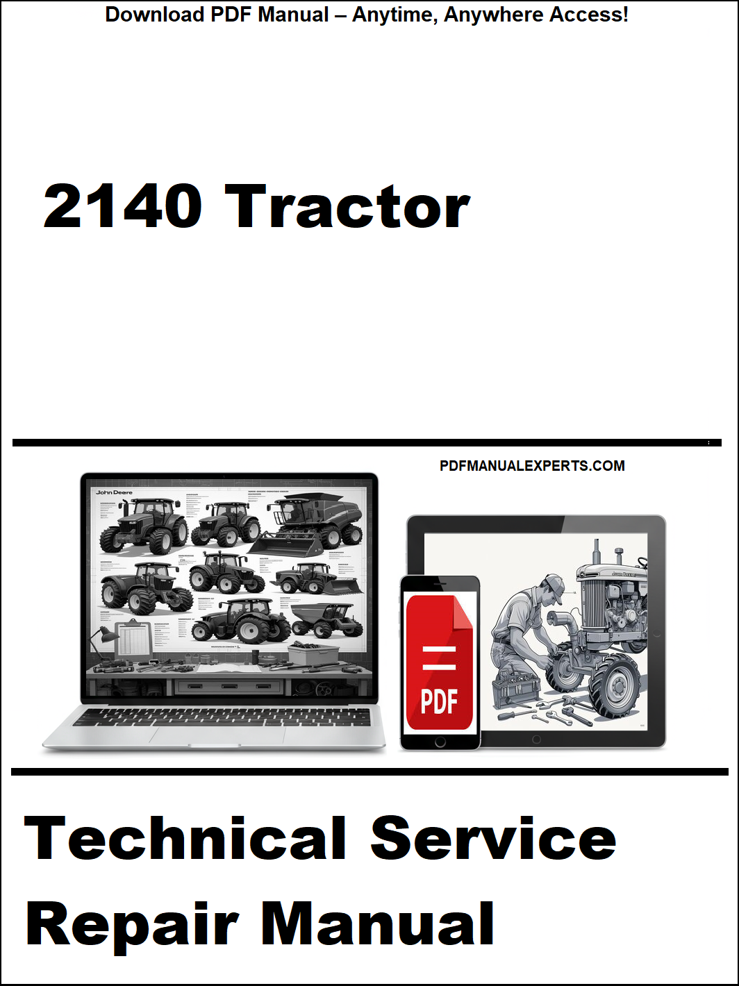 Cover of a technical service repair manual for a 2140 tractor, featuring images of a laptop and repair manual on a white background.