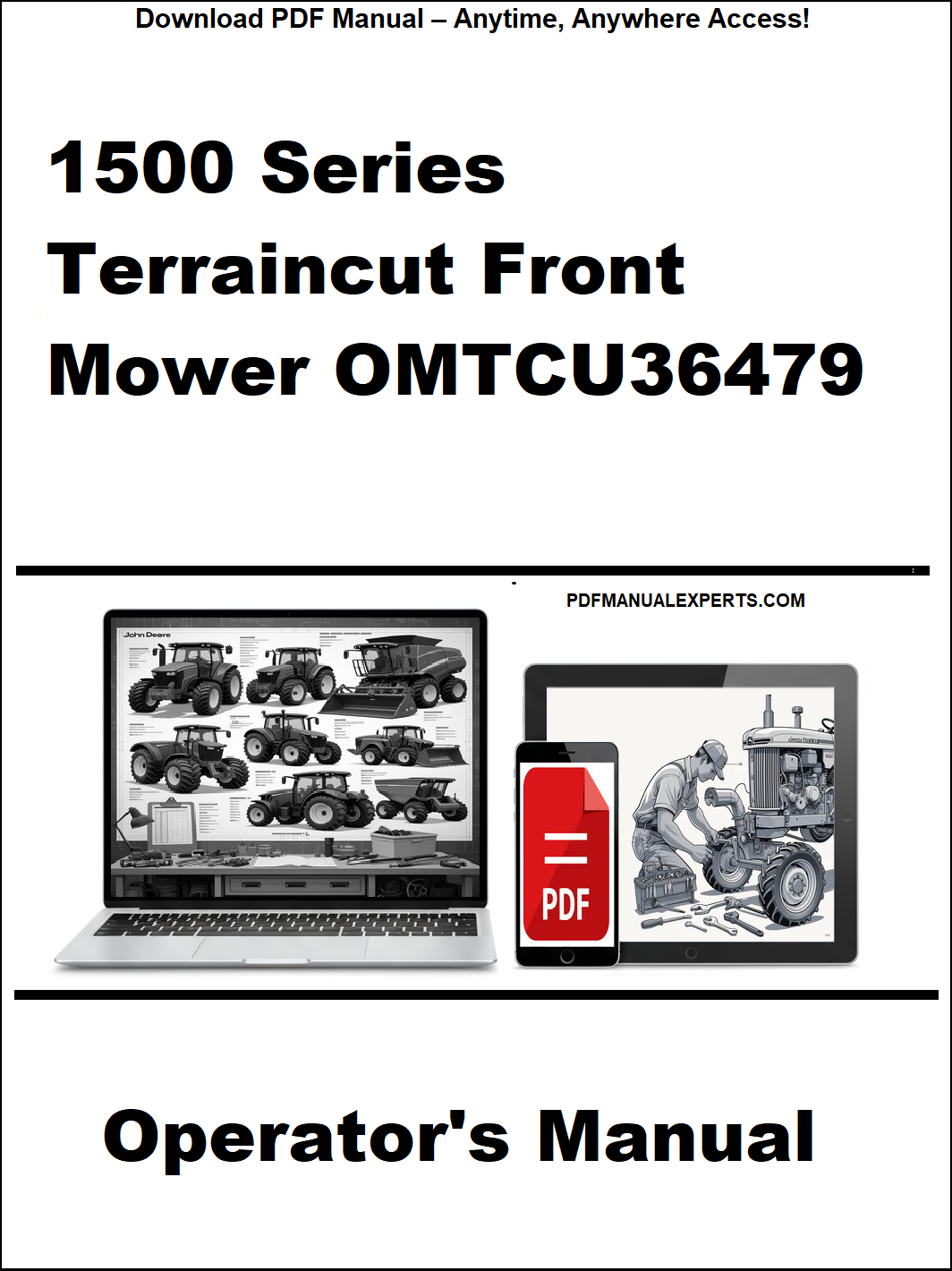Operator's manual for 1500 Series Terraincut Front Mower OMTCU36479 on a white background with laptop and smartphone icons.
