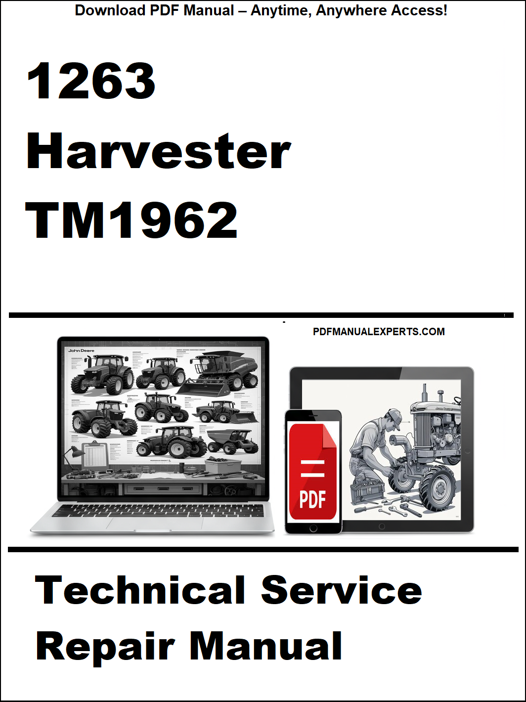 Harvester TM1962 technical service repair manual on a white background with laptop and smartphone icons.