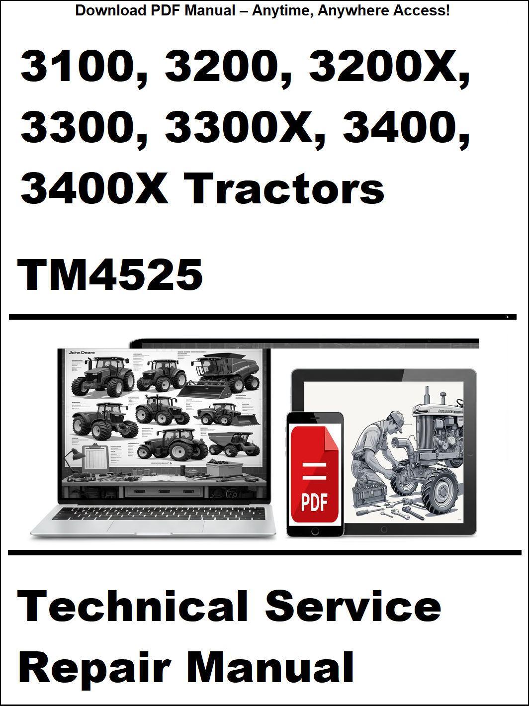 Technical service repair manual cover for John Deere tractors with images of a tractor and a computer screen.
