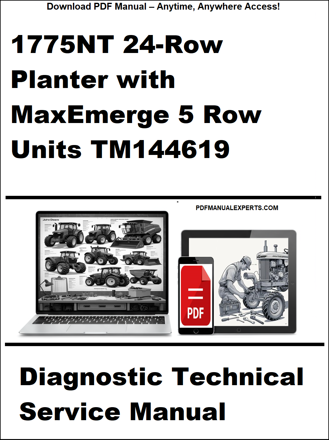 Cover of a diagnostic technical service manual for a 1775NT 24-row planter with MaxEmerge 5 row units, featuring images of a laptop and tractor on a white background.
